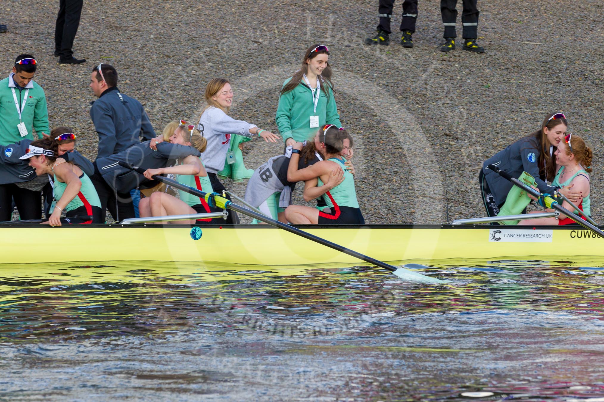 The Boat Race season 2017 -  The Cancer Research Women's Boat Race: CUWBC acelebrating after having won the Women's Boat Race.
River Thames between Putney Bridge and Mortlake,
London SW15,

United Kingdom,
on 02 April 2017 at 16:58, image #195