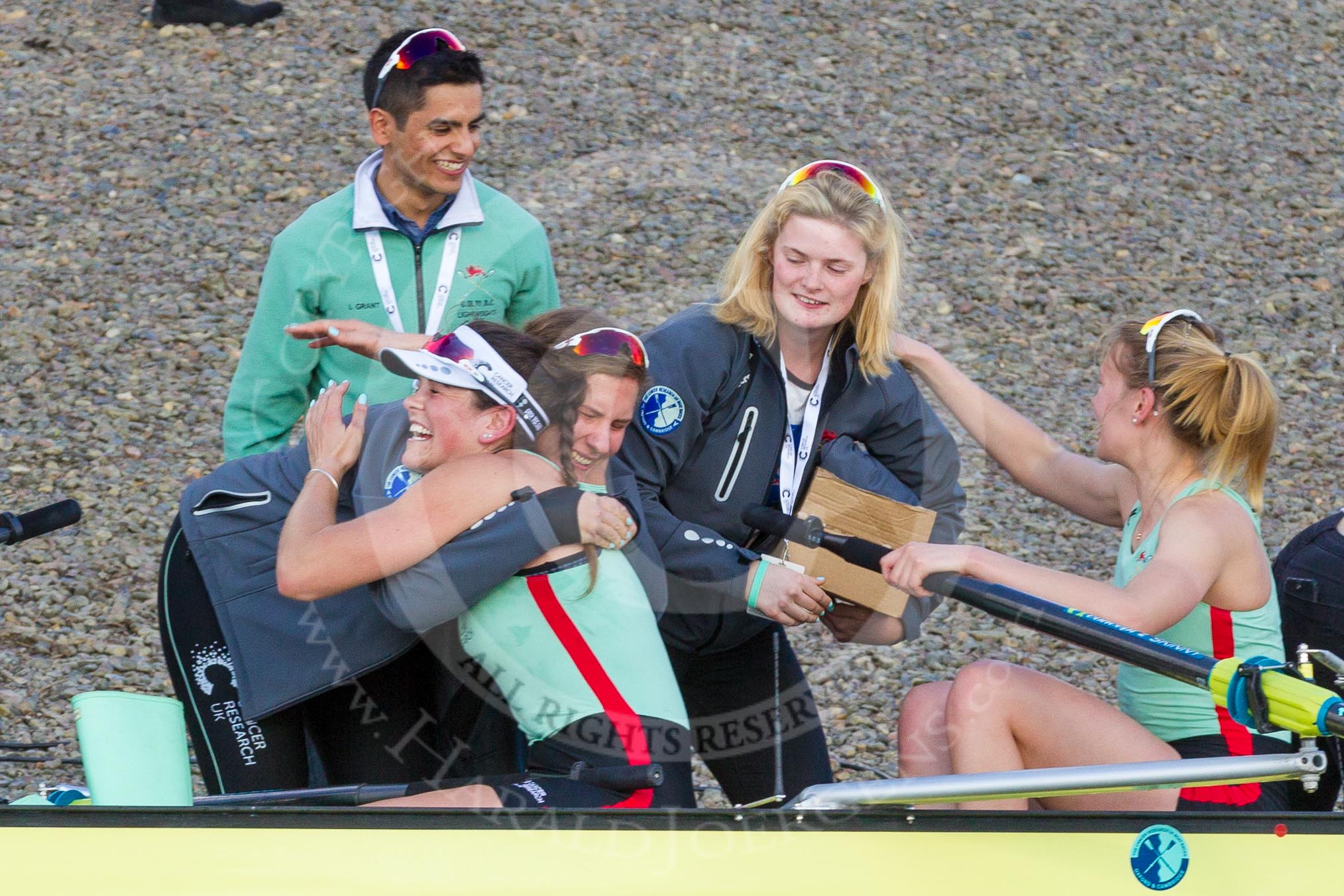 The Boat Race season 2017 -  The Cancer Research Women's Boat Race: CUWBC acelebrating after having won the Women's Boat Race.
River Thames between Putney Bridge and Mortlake,
London SW15,

United Kingdom,
on 02 April 2017 at 16:58, image #198