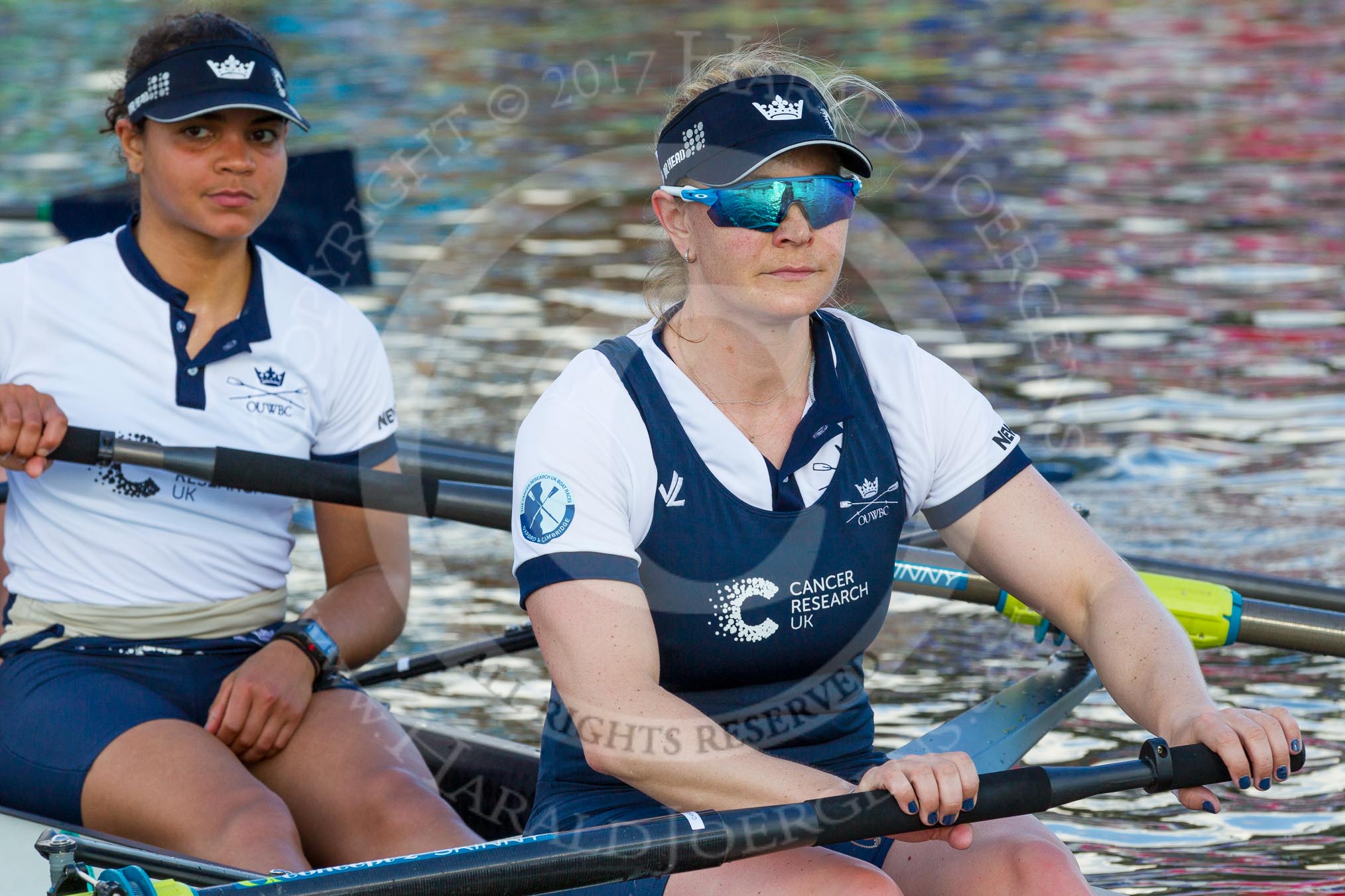 The Boat Race season 2017 -  The Cancer Research Women's Boat Race: OUWBC at the finish line, here 7 seat Jenna Hebert and 6 seat Harriet Austin.
River Thames between Putney Bridge and Mortlake,
London SW15,

United Kingdom,
on 02 April 2017 at 16:59, image #206