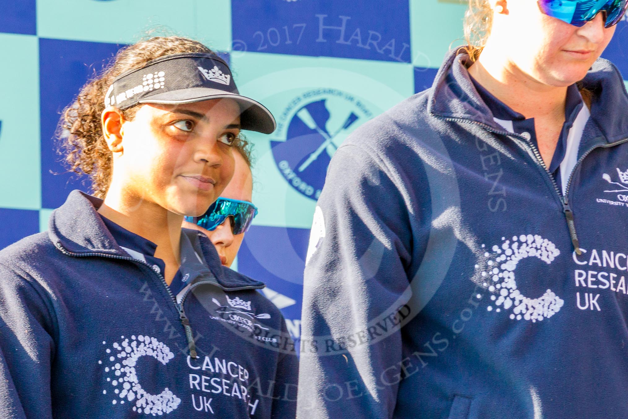 The Boat Race season 2017 -  The Cancer Research Women's Boat Race: OUWBC's 5 seat, Jenna Herbert, and 6 seat, Harriet Austin, at the price giving.
River Thames between Putney Bridge and Mortlake,
London SW15,

United Kingdom,
on 02 April 2017 at 17:09, image #218