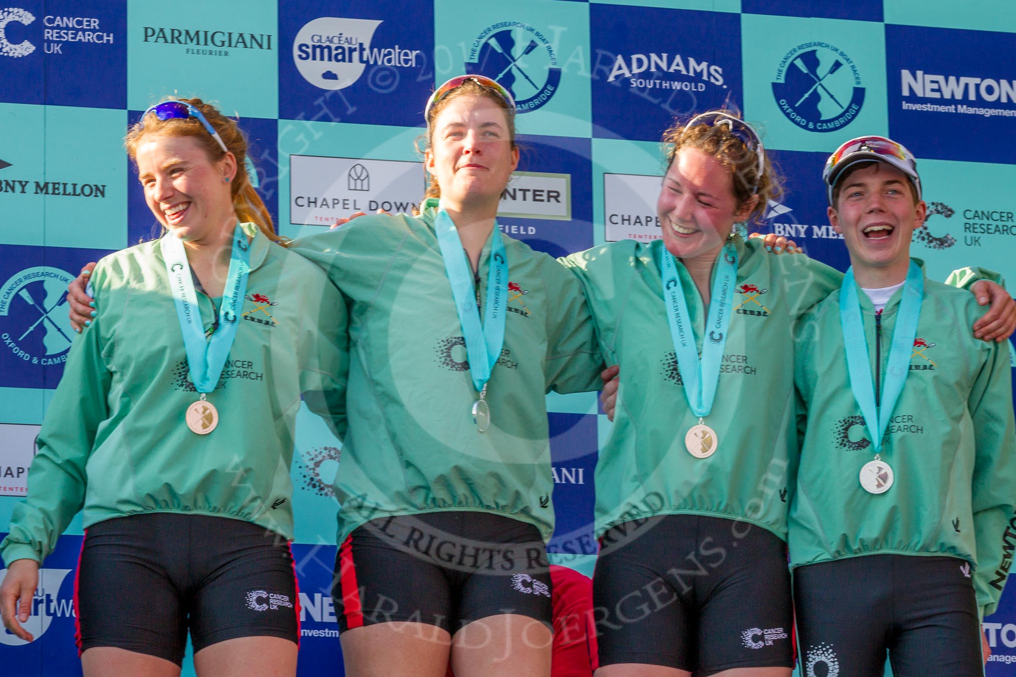 The Boat Race season 2017 -  The Cancer Research Women's Boat Race: CUWBC's 6 Alice White, 7 Myriam Goudet, stroke Melissa Wilson, and cox Matthew Holland at the Boat Race price giving.
River Thames between Putney Bridge and Mortlake,
London SW15,

United Kingdom,
on 02 April 2017 at 17:11, image #226