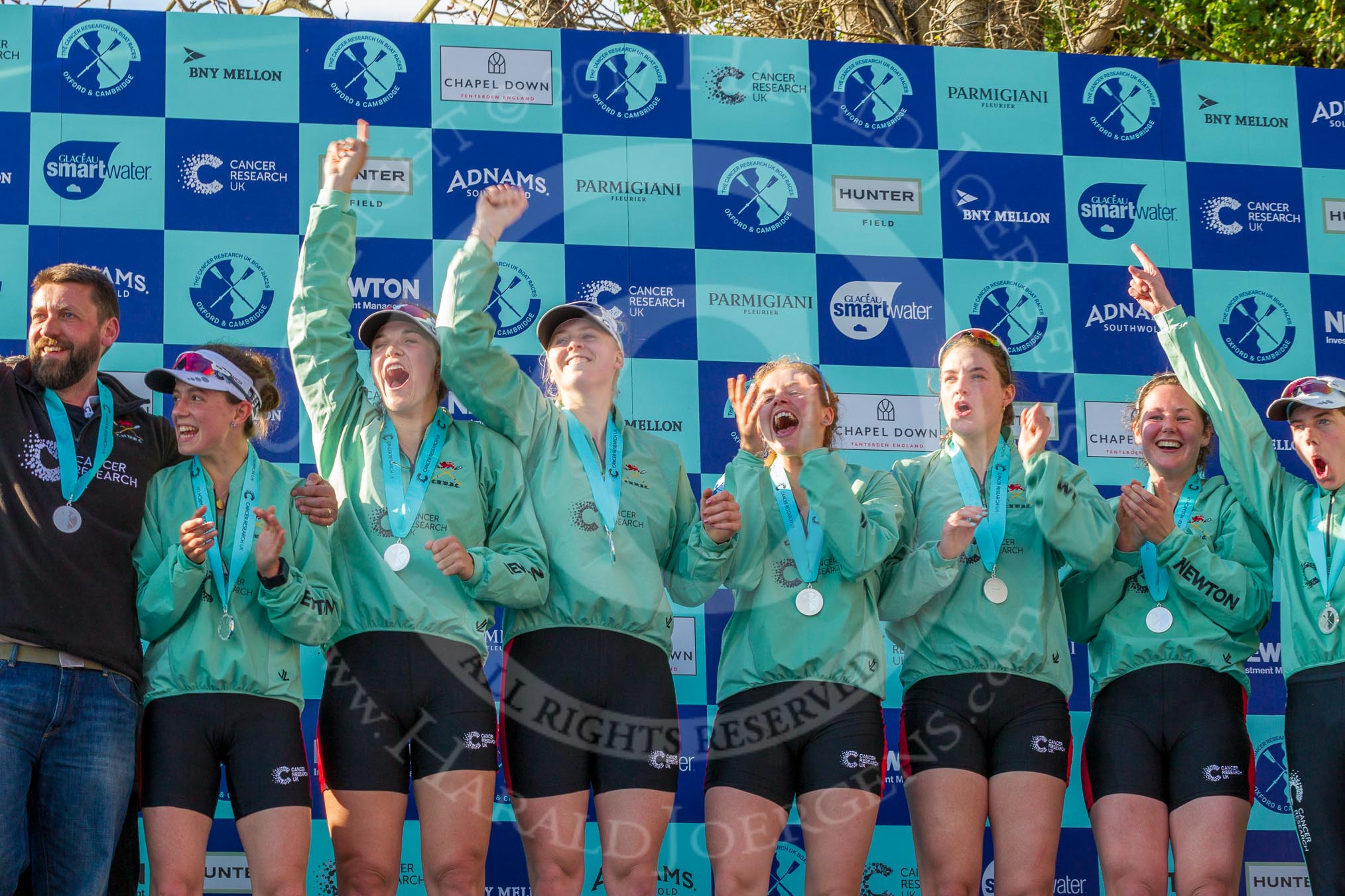 The Boat Race season 2017 -  The Cancer Research Women's Boat Race: A jubilant CUWBC crew at the price giving, on the left their head coach Rob Barker.
River Thames between Putney Bridge and Mortlake,
London SW15,

United Kingdom,
on 02 April 2017 at 17:11, image #230