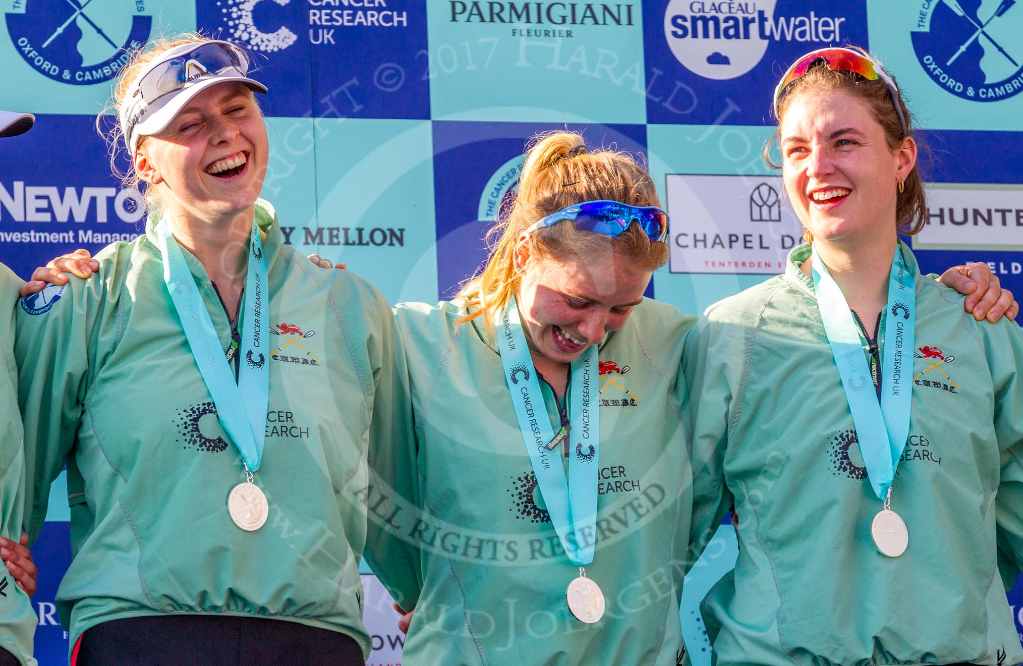The Boat Race season 2017 -  The Cancer Research Women's Boat Race: CUWBC at the price giving - 5 seat Holly Hill, 6 seat Alice White, 7 seat Myriam Goudet.
River Thames between Putney Bridge and Mortlake,
London SW15,

United Kingdom,
on 02 April 2017 at 17:12, image #247