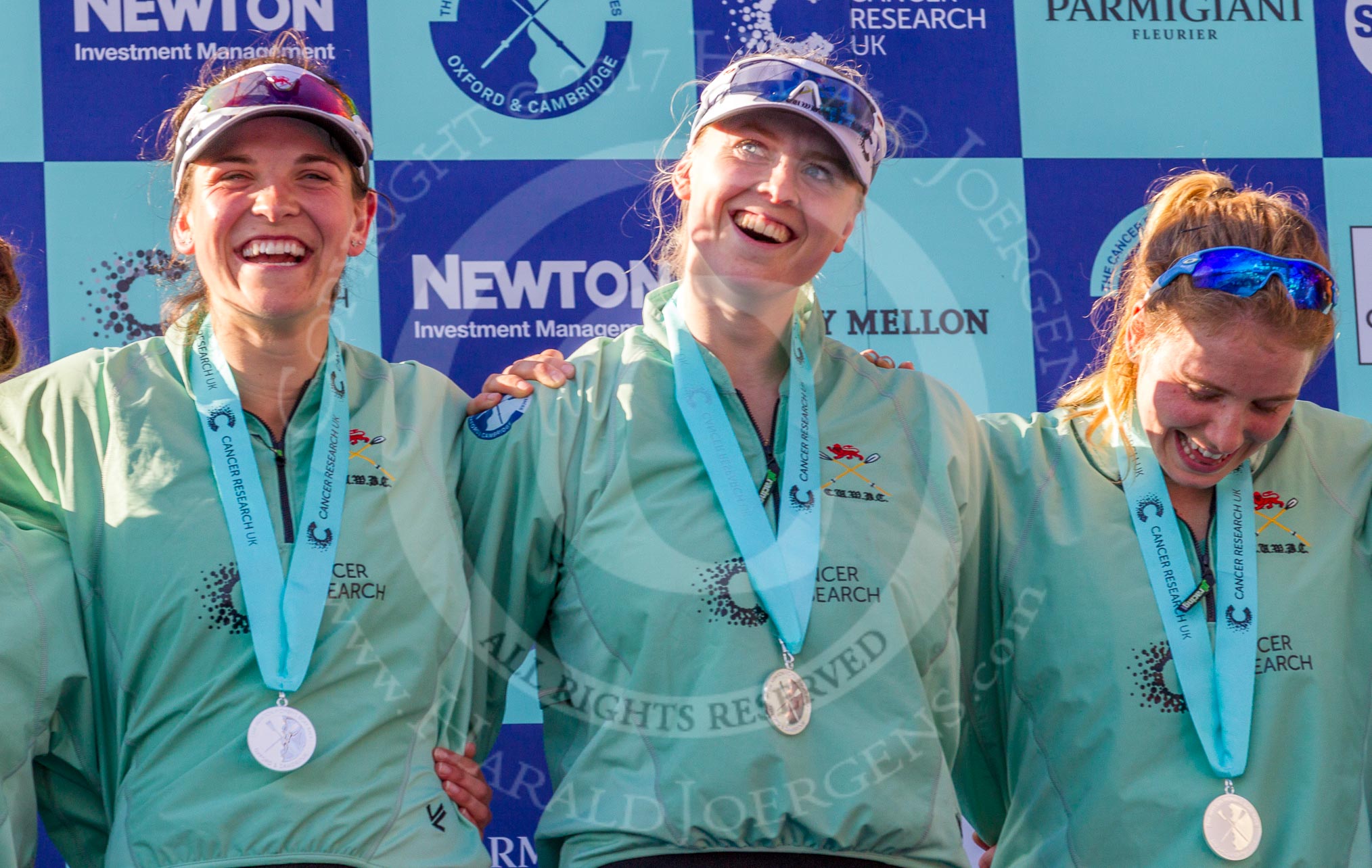 The Boat Race season 2017 -  The Cancer Research Women's Boat Race: CUWBC at the price giving - 3 seat Claire Lambe, 5 seat Holly Hill, 6 seat Alice White.
River Thames between Putney Bridge and Mortlake,
London SW15,

United Kingdom,
on 02 April 2017 at 17:12, image #248