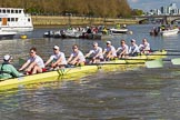 The Boat Race season 2017 -  The Cancer Research Women's Boat Race: CUWBC on the way to Putney Bridge before the start of the Women's Boat Race, cox Matthew Holland, stroke Melissa Wilson, 7 Myriam Goudet, 6 Alice White, 5 Holly Hill, 4 Anna Dawson, 3 Claire Lambe, 2 Imogen Grant, bow Ashton Brown.
River Thames between Putney Bridge and Mortlake,
London SW15,

United Kingdom,
on 02 April 2017 at 15:50, image #76