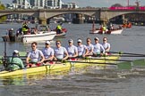 The Boat Race season 2017 -  The Cancer Research Women's Boat Race: CUWBC on the way to Putney Bridge before the start of the Women's Boat Race, cox Matthew Holland, stroke Melissa Wilson, 7 Myriam Goudet, 6 Alice White, 5 Holly Hill, 4 Anna Dawson, 3 Claire Lambe, 2 Imogen Grant, bow Ashton Brown.
River Thames between Putney Bridge and Mortlake,
London SW15,

United Kingdom,
on 02 April 2017 at 15:50, image #77