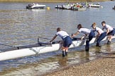 The Boat Race season 2017 -  The Cancer Research Women's Boat Race: OUWBC getting their boat onto the river, here 4 Rebecca Esselstein, 3 Rebecca Te Water Naudé, 2 Flo Pickles, bow Alice Roberts.
River Thames between Putney Bridge and Mortlake,
London SW15,

United Kingdom,
on 02 April 2017 at 15:50, image #80