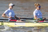 The Boat Race season 2017 -  The Cancer Research Women's Boat Race: CUWBC about to reach the start of the Women's Boat Race, here 5 seat Holly Hill, 6 seat Alice White.
River Thames between Putney Bridge and Mortlake,
London SW15,

United Kingdom,
on 02 April 2017 at 16:25, image #108