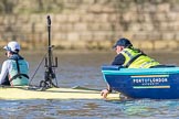The Boat Race season 2017 -  The Cancer Research Women's Boat Race: The CUWBC eight at the stake boat, here cox Matthew Holland in front of the camera assembly for the BBC broadcast.
River Thames between Putney Bridge and Mortlake,
London SW15,

United Kingdom,
on 02 April 2017 at 16:30, image #114