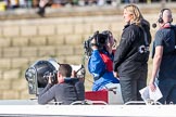 The Boat Race season 2017 -  The Cancer Research Women's Boat Race: Umpire Sarah Winckless with a BBC crew on board of the umpire's launch.
River Thames between Putney Bridge and Mortlake,
London SW15,

United Kingdom,
on 02 April 2017 at 16:34, image #117