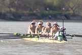 The Boat Race season 2017 -  The Cancer Research Women's Boat Race: CUWBC with a comfortable lead (bow Ashton Brown, 2 Imogen Grant, 3 Claire Lambe, 4 Anna Dawson, 5 Holly Hill, 6 Alice White, 7 Myriam Goudet, stroke Melissa Wilson) cox Matthew Holland looking back to the Oxford boat.
River Thames between Putney Bridge and Mortlake,
London SW15,

United Kingdom,
on 02 April 2017 at 16:36, image #134