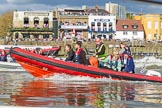 The Boat Race season 2017 -  The Cancer Research Women's Boat Race: Some RIBS following the rowers, in front, with the red and blue life jacket, CUWBC coach Rob Barker.
River Thames between Putney Bridge and Mortlake,
London SW15,

United Kingdom,
on 02 April 2017 at 16:43, image #161