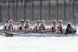 The Boat Race season 2017 -  The Cancer Research Women's Boat Race: Oxford working hard to catch up with Cambridge in the afternoon sunshine - bow Alice Roberts, 2 Flo Pickles, 3 Rebecca Te Water Naudé, 4 Rebecca Esselstein, 5 Chloe Laverack, 6 Harriet Austin, 7 Jenna Hebert, stroke Emily Cameron, cox Eleanor Shearer.
River Thames between Putney Bridge and Mortlake,
London SW15,

United Kingdom,
on 02 April 2017 at 16:47, image #170