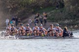 The Boat Race season 2017 -  The Cancer Research Women's Boat Race: Oxford working hard to catch up with Cambridge in the afternoon sunshine - bow Alice Roberts, 2 Flo Pickles, 3 Rebecca Te Water Naudé, 4 Rebecca Esselstein, 5 Chloe Laverack, 6 Harriet Austin, 7 Jenna Hebert, stroke Emily Cameron, cox Eleanor Shearer.
River Thames between Putney Bridge and Mortlake,
London SW15,

United Kingdom,
on 02 April 2017 at 16:48, image #172