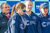 The Boat Race season 2017 -  The Cancer Research Women's Boat Race: Race Marshall Mitchell E. Harris with OUWBC's cox Eleanor Shearer, stroke Emily Cameron, and 4 seat Rebecca Esselstein at the price giving.
River Thames between Putney Bridge and Mortlake,
London SW15,

United Kingdom,
on 02 April 2017 at 17:10, image #219