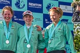The Boat Race season 2017 -  The Cancer Research Women's Boat Race: CUWBC;s stroke Melissa Wilson, cox Matthew Holland, and 3 seat Clair Lambe with their medals at the price giving.
River Thames between Putney Bridge and Mortlake,
London SW15,

United Kingdom,
on 02 April 2017 at 17:11, image #228