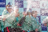 The Boat Race season 2017 -  The Cancer Research Women's Boat Race: CUWBC covered in spray (Cahmpagne, not Thames water) at the price giving.
River Thames between Putney Bridge and Mortlake,
London SW15,

United Kingdom,
on 02 April 2017 at 17:13, image #258