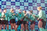 The Boat Race season 2017 -  The Cancer Research Women's Boat Race: CUWBC spraying the Champagne at the price giving.
River Thames between Putney Bridge and Mortlake,
London SW15,

United Kingdom,
on 02 April 2017 at 17:13, image #272