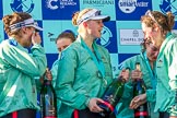 The Boat Race season 2017 -  The Cancer Research Women's Boat Race: CUWBC after the Chanpange spraying at the price giving.
River Thames between Putney Bridge and Mortlake,
London SW15,

United Kingdom,
on 02 April 2017 at 17:13, image #283