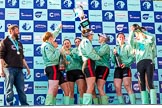 The Boat Race season 2017 -  The Cancer Research Women's Boat Race: CUWBC after the Chanpange spraying at the price giving, with the Women's Boat Race trophy. On the left head coach Rob Barker.
River Thames between Putney Bridge and Mortlake,
London SW15,

United Kingdom,
on 02 April 2017 at 17:13, image #290