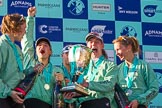 The Boat Race season 2017 -  The Cancer Research Women's Boat Race: CUWBC with the Womwn's Boat Race trophy at the price giving - and a very excited cox Matthew Holland with the Women's Boat Race trophy.
River Thames between Putney Bridge and Mortlake,
London SW15,

United Kingdom,
on 02 April 2017 at 17:14, image #299