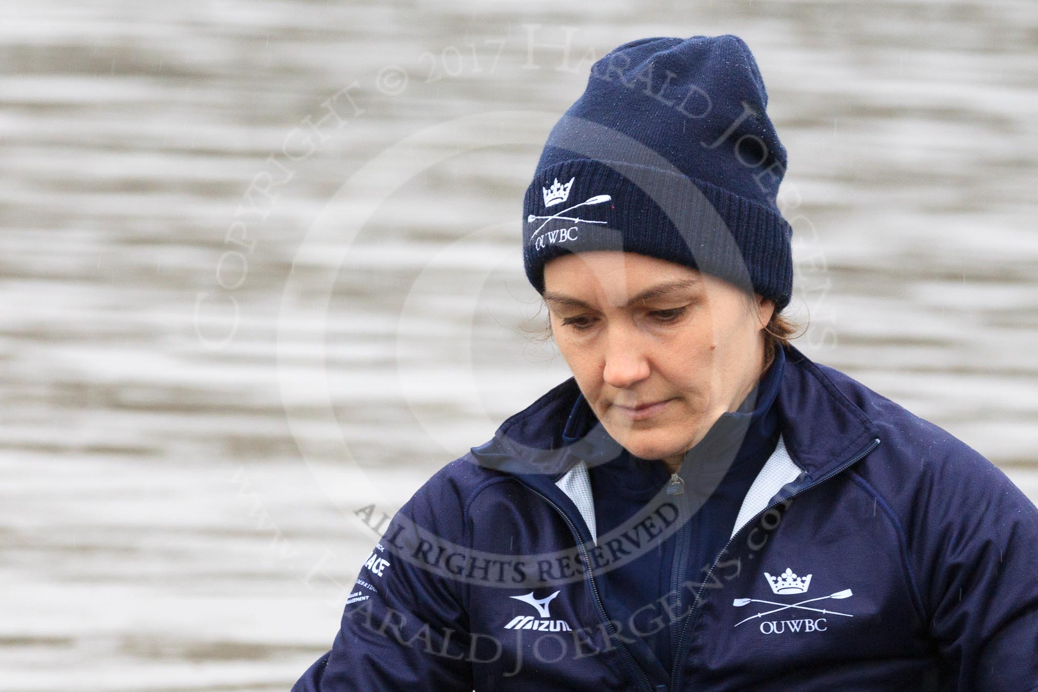 The Boat Race season 2018 - Women's Boat Race Trial Eights (OUWBC, Oxford): Close-up of "Coursing River" bow Sarah Payne-Riches.
River Thames between Putney Bridge and Mortlake,
London SW15,

United Kingdom,
on 21 January 2018 at 13:47, image #2