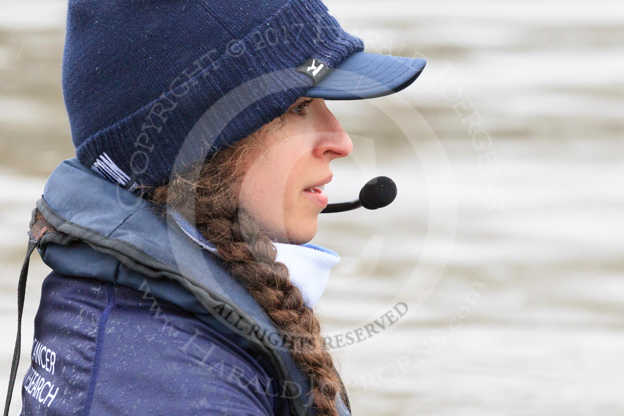 The Boat Race season 2018 - Women's Boat Race Trial Eights (OUWBC, Oxford): Close-up of "Coursing River" cox Ellie Shearer.
River Thames between Putney Bridge and Mortlake,
London SW15,

United Kingdom,
on 21 January 2018 at 13:48, image #7