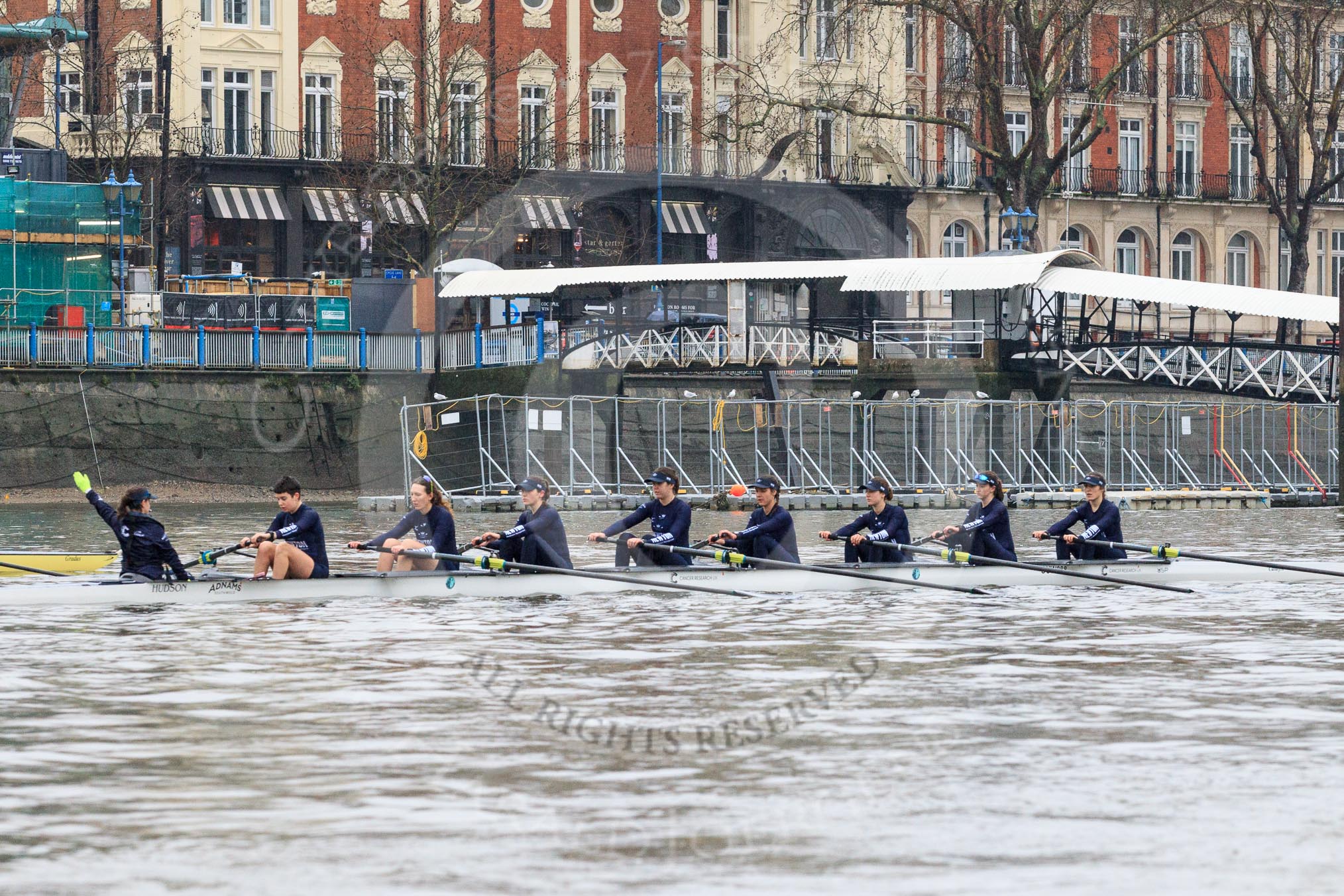 The Boat Race season 2018 - Women's Boat Race Trial Eights (OUWBC, Oxford): Getting ready for the start of the race - "Great Typhoon" with cox Jessica Buck, stroke Alice Roberts,  7 Abigail Killen, 6 Sara Kushma, 5 Olivia Pryer, 4 Linda Van Bijsterveldt, 3 Madeline Goss, 2 Laura Depner, bow Matilda Edwards.
River Thames between Putney Bridge and Mortlake,
London SW15,

United Kingdom,
on 21 January 2018 at 14:26, image #44