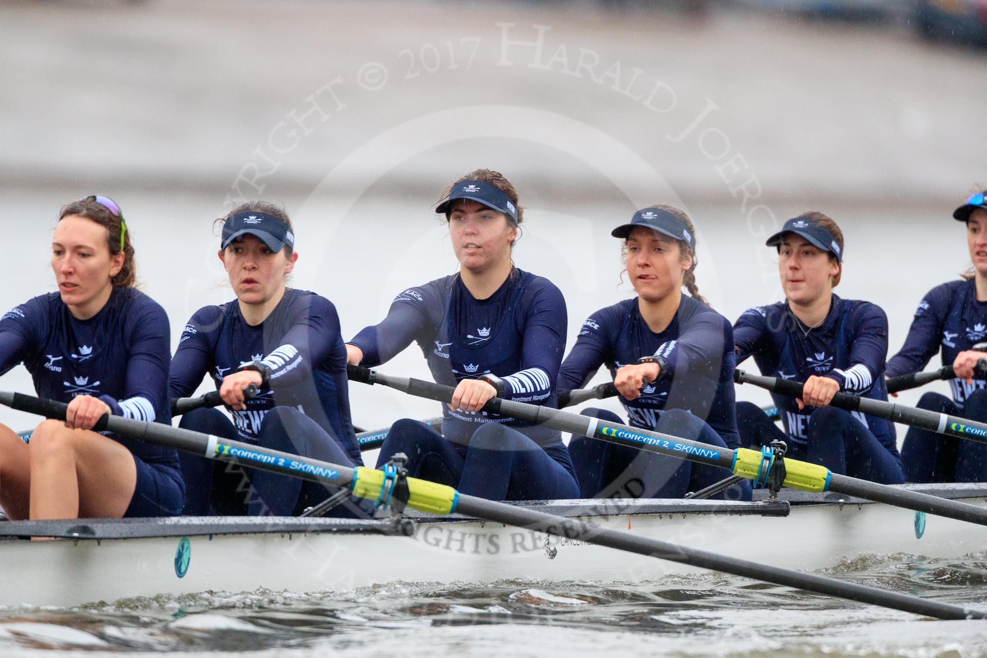 The Boat Race season 2018 - Women's Boat Race Trial Eights (OUWBC, Oxford): "Great Typhoon" seconds after the race has been started - 7 Abigail Killen, 6 Sara Kushma, 5 Olivia Pryer, 4 Linda Van Bijsterveldt, 3 Madeline Goss, 2 Laura Depner.
River Thames between Putney Bridge and Mortlake,
London SW15,

United Kingdom,
on 21 January 2018 at 14:28, image #57