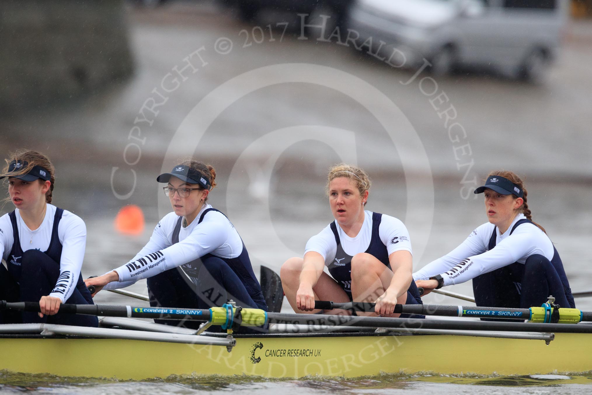 The Boat Race season 2018 - Women's Boat Race Trial Eights (OUWBC, Oxford): "Coursing River" - 7 Juliette Perry, 6 Katherine Erickson, 5 Morgan McGovern, 4 Anna Murgatroyd.
River Thames between Putney Bridge and Mortlake,
London SW15,

United Kingdom,
on 21 January 2018 at 14:28, image #60