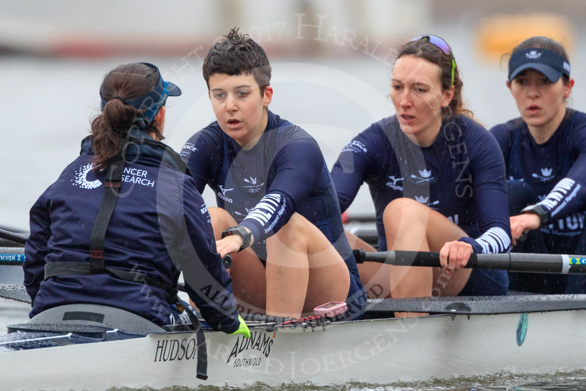 The Boat Race season 2018 - Women's Boat Race Trial Eights (OUWBC, Oxford): "Great Typhoon" seconds after the race has been started - cox Jessica Buck, stroke Alice Roberts,  7 Abigail Killen, 6 Sara Kushma.
River Thames between Putney Bridge and Mortlake,
London SW15,

United Kingdom,
on 21 January 2018 at 14:28, image #62