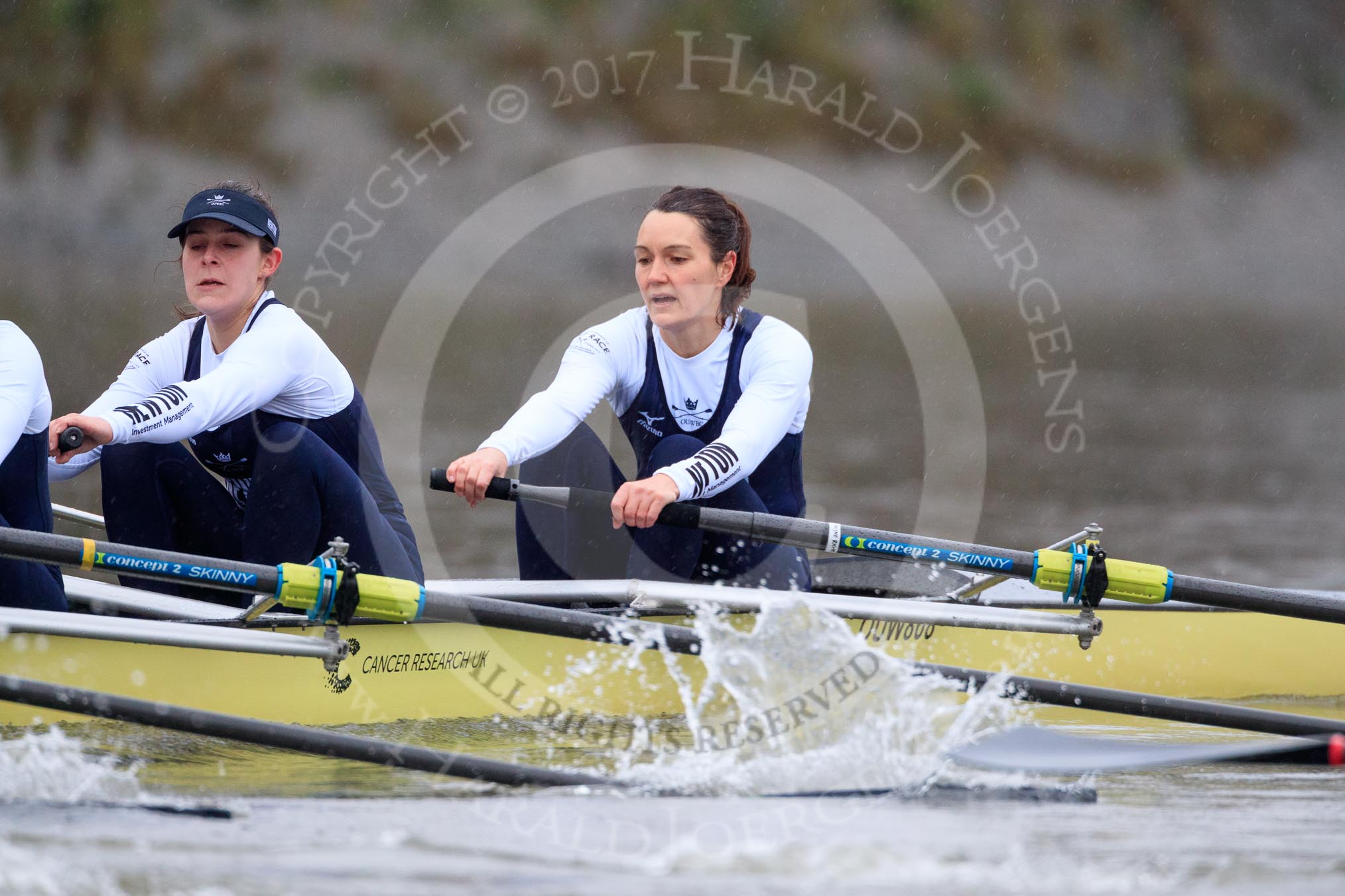 The Boat Race season 2018 - Women's Boat Race Trial Eights (OUWBC, Oxford): "Coursing River" -  cox Ellie Shearer, stroke Beth Bridgman, 2 Rachel Anderson, bow Sarah Payne-Riches.
River Thames between Putney Bridge and Mortlake,
London SW15,

United Kingdom,
on 21 January 2018 at 14:34, image #90