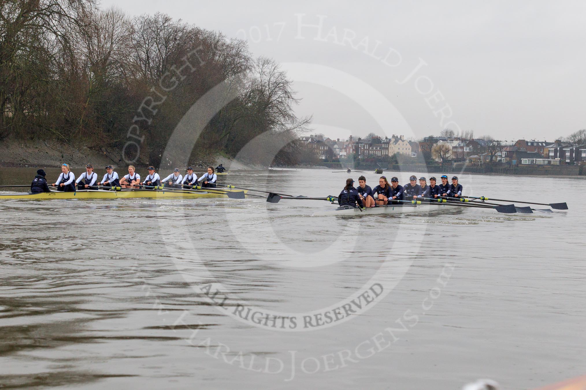 The Boat Race season 2018 - Women's Boat Race Trial Eights (OUWBC, Oxford): "Great Typhoon" and "Coursing River" close together behind Hammersmith Bridge.
River Thames between Putney Bridge and Mortlake,
London SW15,

United Kingdom,
on 21 January 2018 at 14:36, image #111