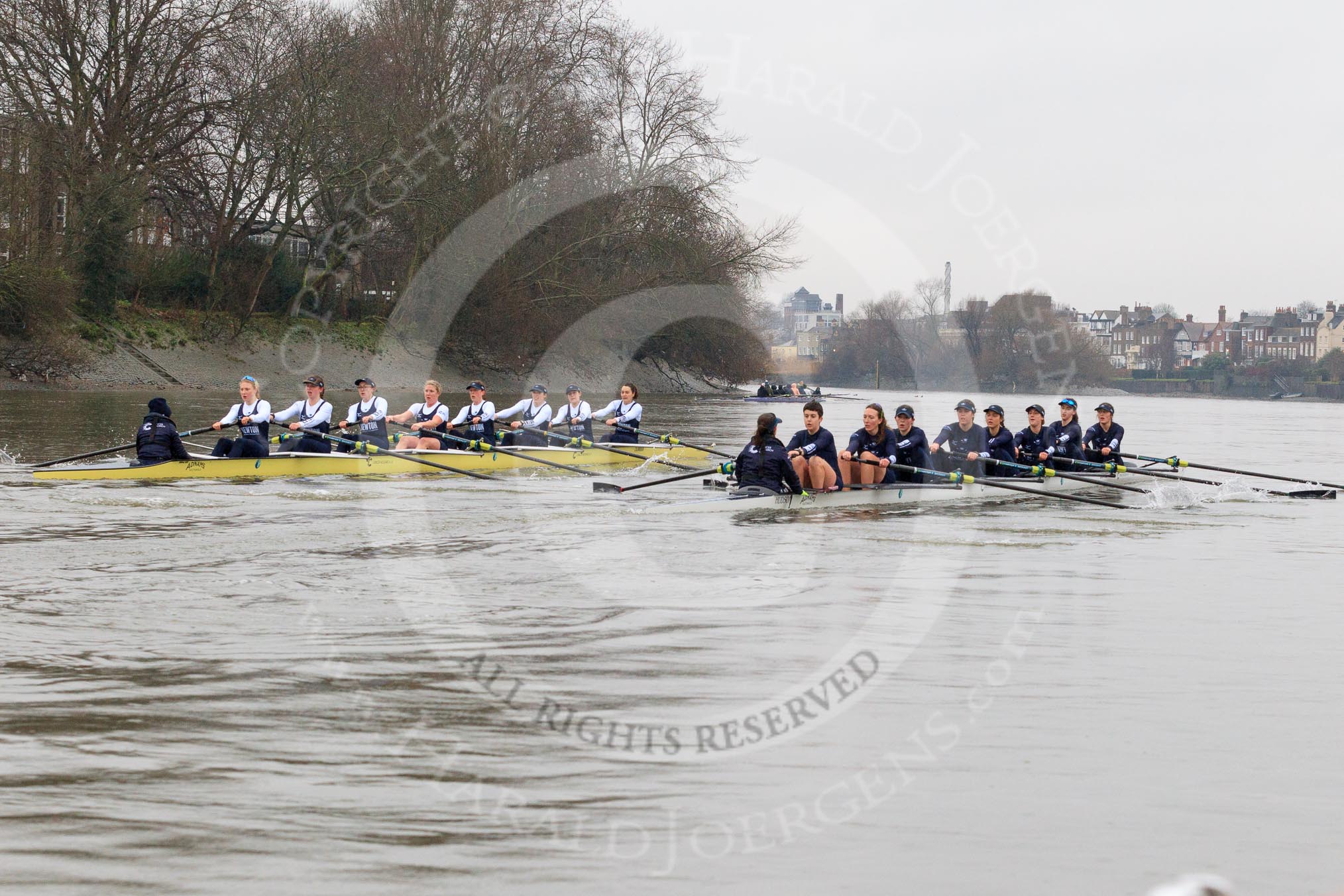 The Boat Race season 2018 - Women's Boat Race Trial Eights (OUWBC, Oxford): "Great Typhoon" and "Coursing River" close together behind Hammersmith Bridge - close enough for the oars to come together.
River Thames between Putney Bridge and Mortlake,
London SW15,

United Kingdom,
on 21 January 2018 at 14:36, image #112