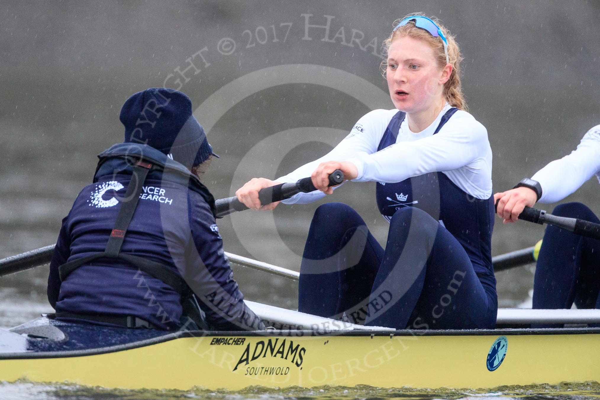 The Boat Race season 2018 - Women's Boat Race Trial Eights (OUWBC, Oxford): "Coursing River" approaching Chiswick Pier - cox Ellie Shearer, stroke Beth Bridgman.
River Thames between Putney Bridge and Mortlake,
London SW15,

United Kingdom,
on 21 January 2018 at 14:39, image #141