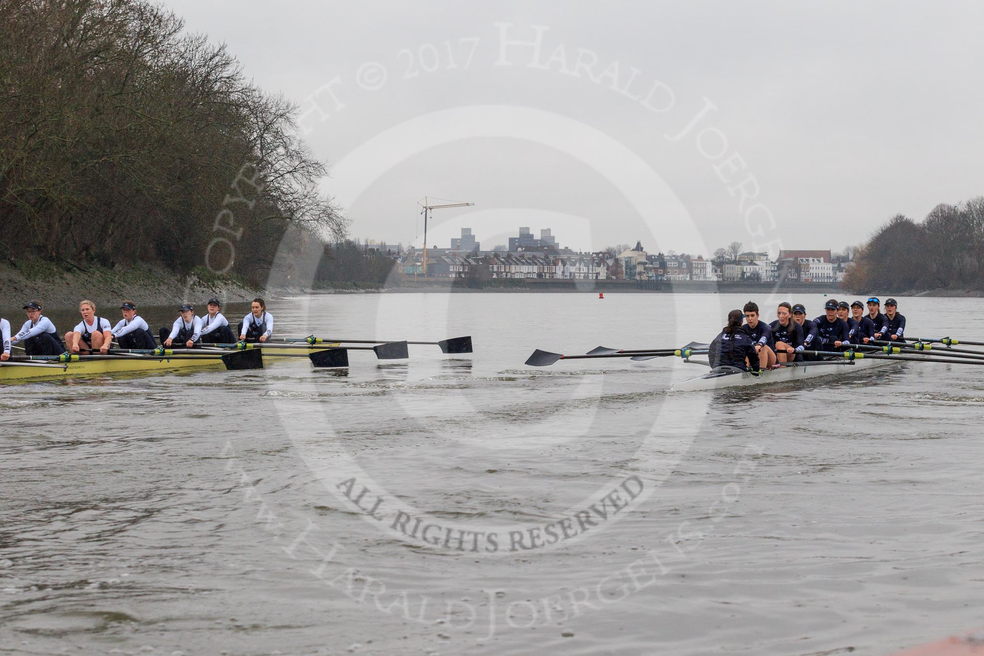 The Boat Race season 2018 - Women's Boat Race Trial Eights (OUWBC, Oxford): "Great Typhoon" and "Coursing River" near Chiswick Pier.
River Thames between Putney Bridge and Mortlake,
London SW15,

United Kingdom,
on 21 January 2018 at 14:40, image #143