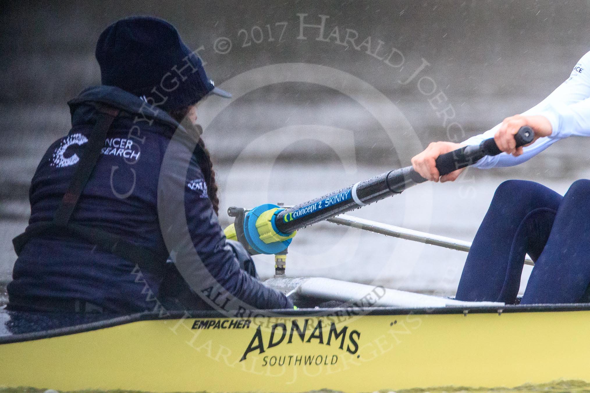 The Boat Race season 2018 - Women's Boat Race Trial Eights (OUWBC, Oxford): "Coursing River" -  cox Ellie Shearer, stroke Beth Bridgman in the rain.
River Thames between Putney Bridge and Mortlake,
London SW15,

United Kingdom,
on 21 January 2018 at 14:41, image #147