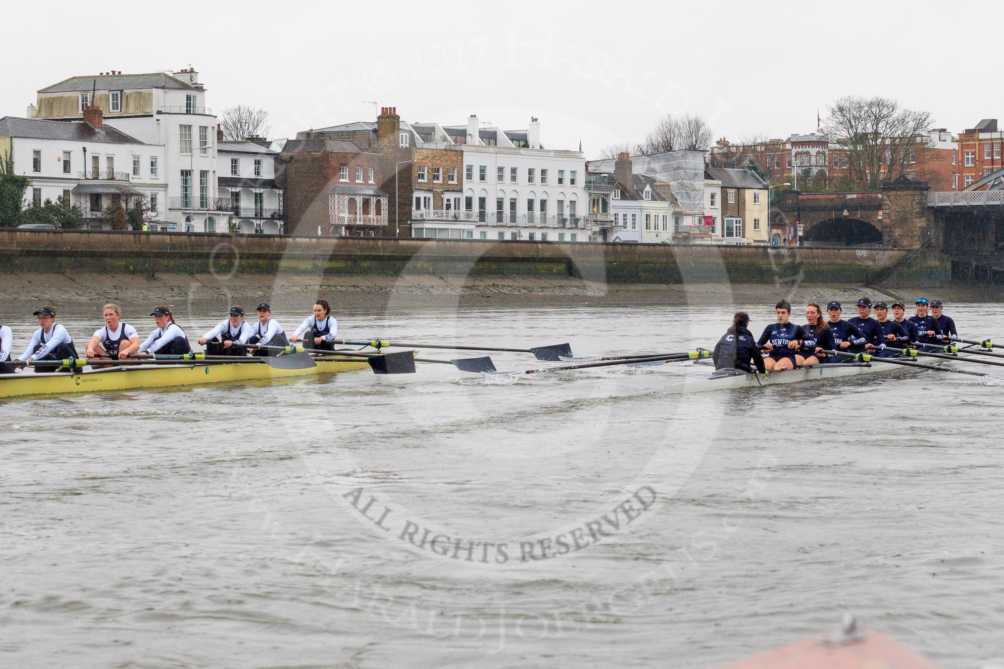 The Boat Race season 2018 - Women's Boat Race Trial Eights (OUWBC, Oxford): "Great Typhoon" and "Coursing River" approaching Barnes Railway Bridge.
River Thames between Putney Bridge and Mortlake,
London SW15,

United Kingdom,
on 21 January 2018 at 14:43, image #153