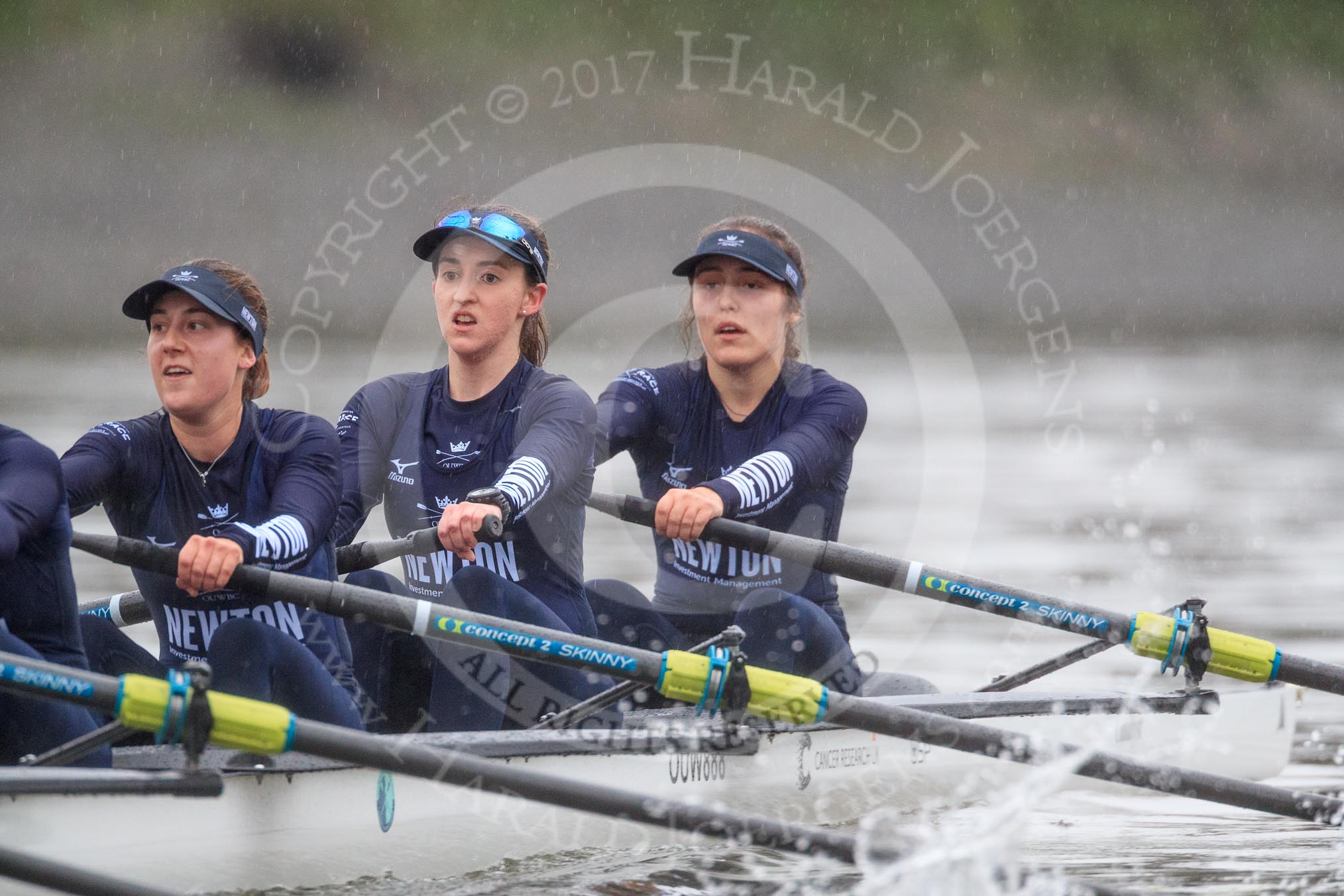 The Boat Race season 2018 - Women's Boat Race Trial Eights (OUWBC, Oxford): "Great Typhoon" in the rain, here 3 Stefanie Zekoll, 2 Rachel Anderson, bow Sarah Payne-Riches.
River Thames between Putney Bridge and Mortlake,
London SW15,

United Kingdom,
on 21 January 2018 at 14:45, image #163