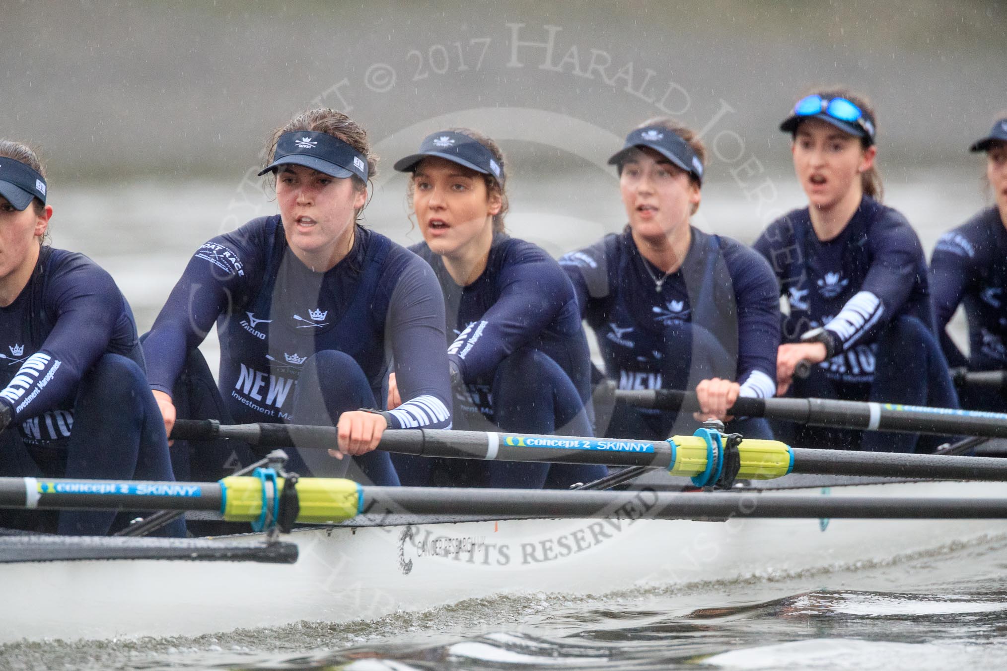 The Boat Race season 2018 - Women's Boat Race Trial Eights (OUWBC, Oxford): "Great Typhoon" in the rain, here 6 Katherine Erickson, 5 Morgan McGovern, 4 Anna Murgatroyd, 3 Stefanie Zekoll, 2 Rachel Anderson, bow Sarah Payne-Riches.
River Thames between Putney Bridge and Mortlake,
London SW15,

United Kingdom,
on 21 January 2018 at 14:45, image #164