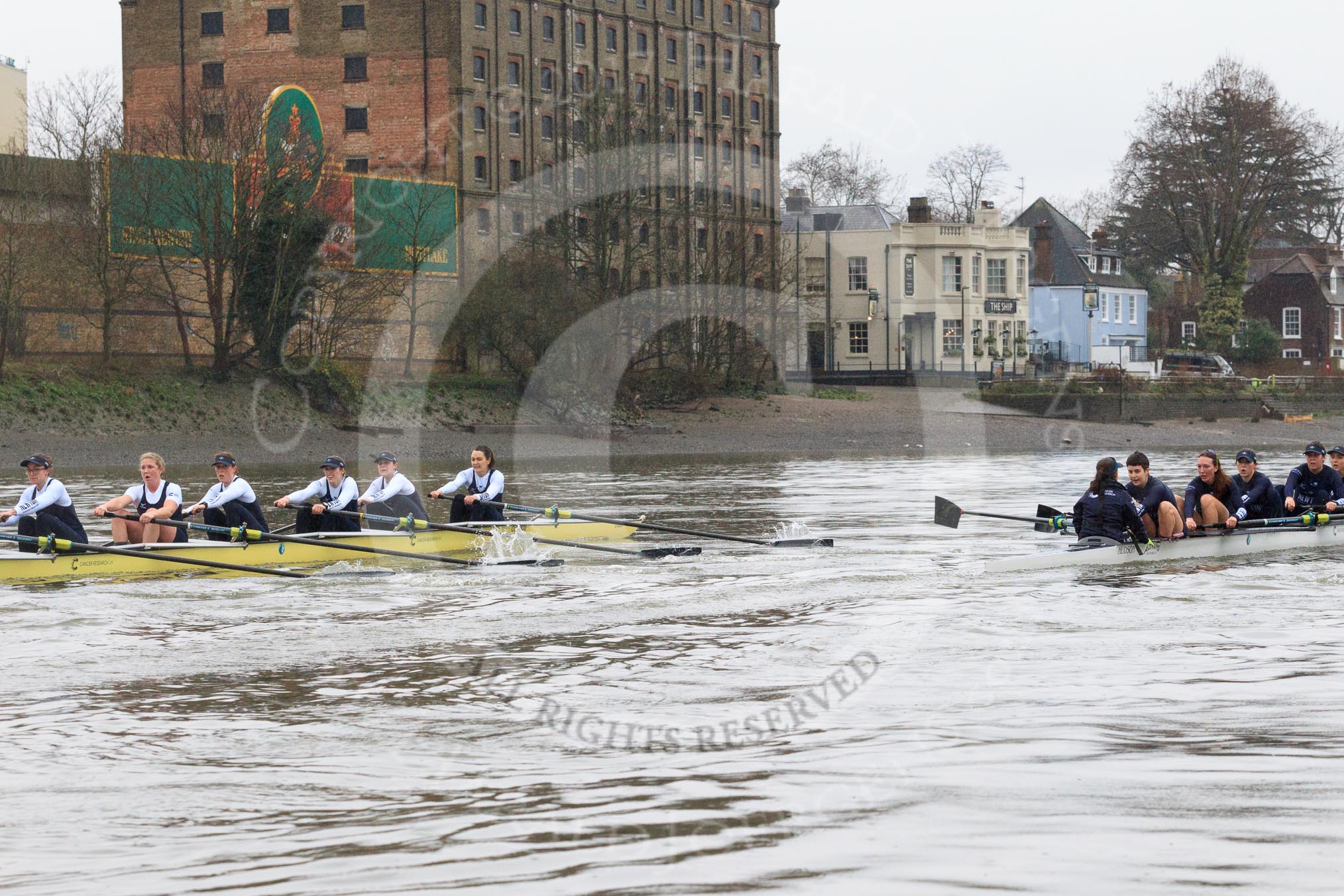 The Boat Race season 2018 - Women's Boat Race Trial Eights (OUWBC, Oxford): "Great Typhoon" and "Coursing River" close to the finish line.
River Thames between Putney Bridge and Mortlake,
London SW15,

United Kingdom,
on 21 January 2018 at 14:46, image #168