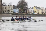 The Boat Race season 2018 - Women's Boat Race Trial Eights (OUWBC, Oxford): "Great Typhoon" is now leading the race, with th efinish line in sight. cox Jessica Buck, stroke Alice Roberts,  7 Abigail Killen, 6 Sara Kushma, 5 Olivia Pryer, 4 Linda Van Bijsterveldt, 3 Madeline Goss, 2 Laura Depner, bow Matilda Edwards.
River Thames between Putney Bridge and Mortlake,
London SW15,

United Kingdom,
on 21 January 2018 at 14:46, image #167