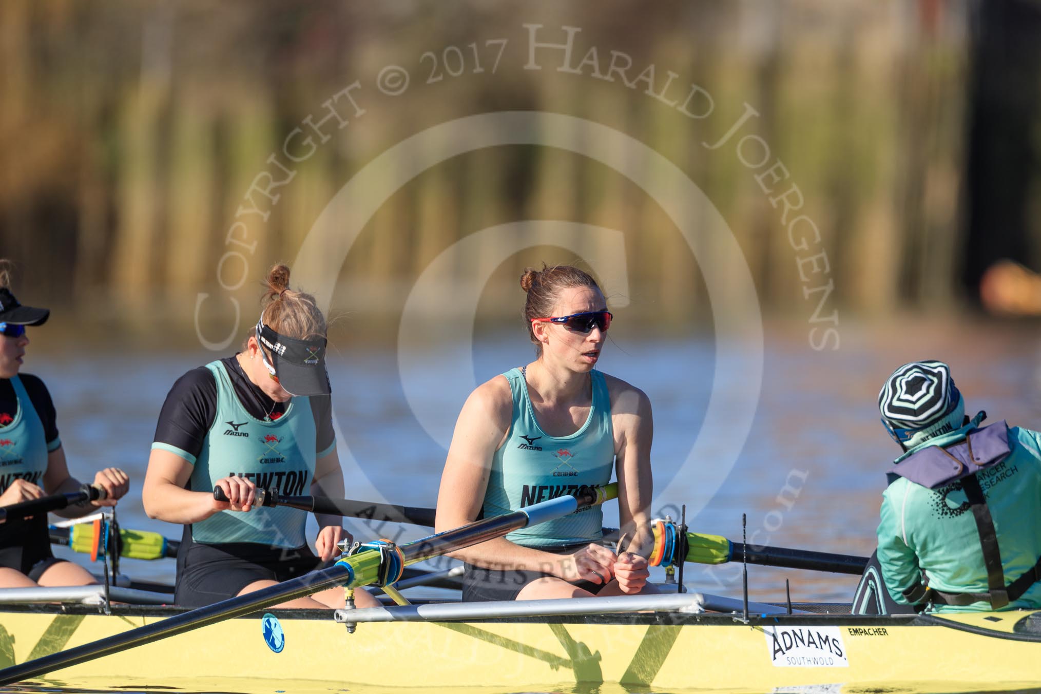The Women's Boat Race season 2018 - fixture CUWBC vs. ULBC: CUWBC getting ready for the race - 6 Anne Beenken, 7 Imogen Grant, stroke Tricia Smith, cox Sophie Shapter.
River Thames between Putney Bridge and Mortlake,
London SW15,

United Kingdom,
on 17 February 2018 at 13:06, image #31
