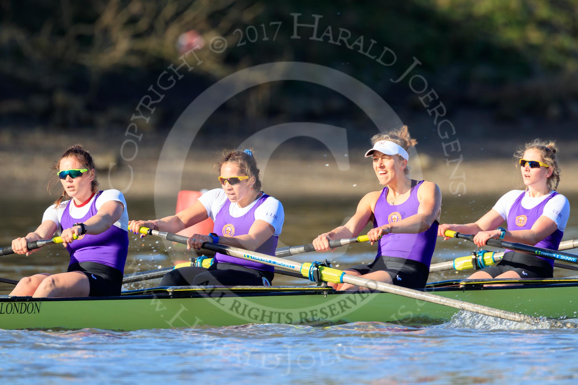 The Women's Boat Race season 2018 - fixture CUWBC vs. ULBC: The ULBC Eight, here stroke Issy Powel, 7 Jordan Cole-Huissan, 6 Oonagh Cousins, 5 Hannah Roberts.
River Thames between Putney Bridge and Mortlake,
London SW15,

United Kingdom,
on 17 February 2018 at 13:14, image #76