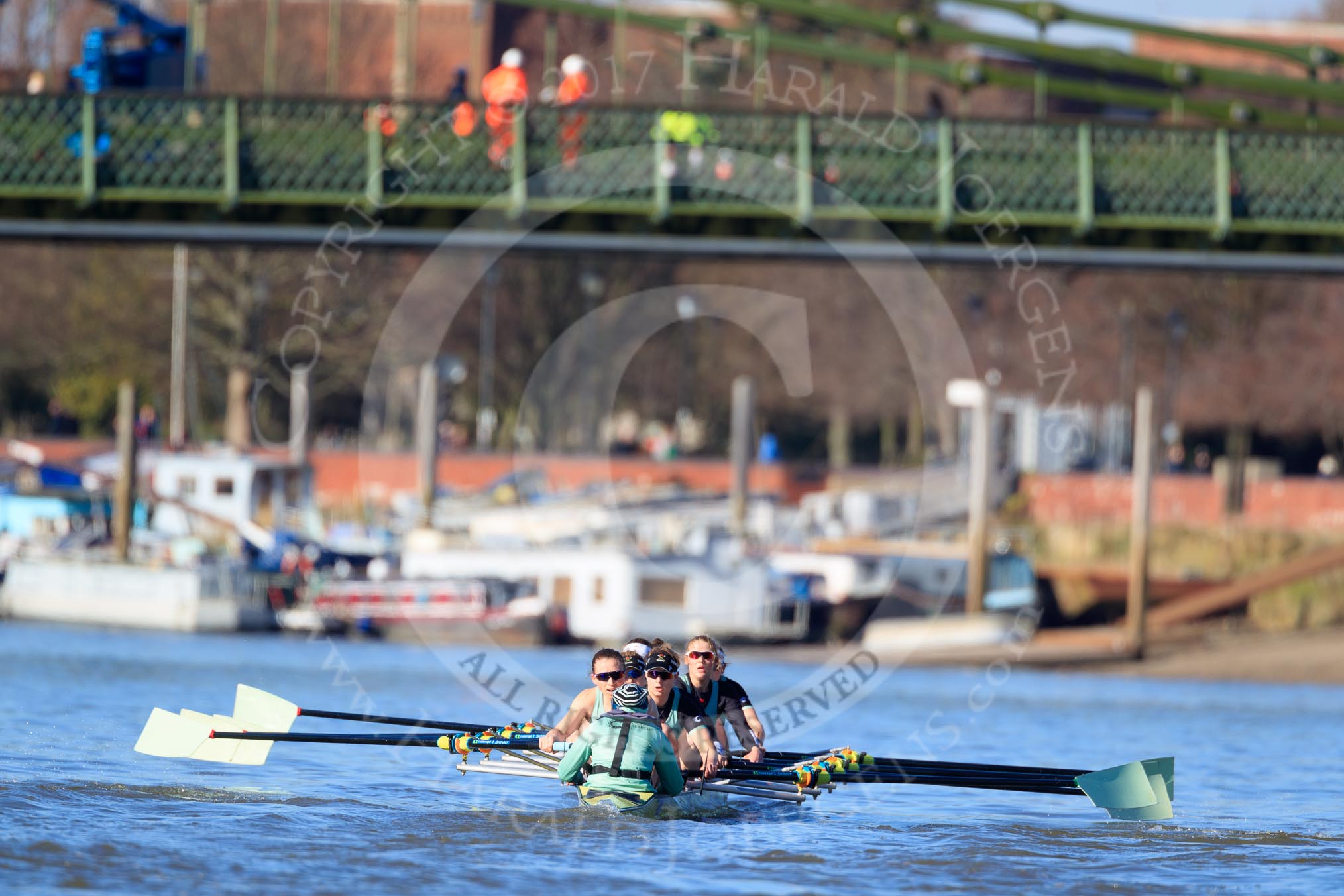 The Women's Boat Race season 2018 - fixture CUWBC vs. ULBC: The CUWBC Eight near Hammersmith Bridge - cox Sophie Shapter, stroke Tricia Smith, 7 Imogen Grant, 6 Anne Beenken, 5 Thea Zabell, 4 Paula Wesselmann, 3 Alice White, 2 Myriam Goudet-Boukhatmi, bow Olivia Coffey.
River Thames between Putney Bridge and Mortlake,
London SW15,

United Kingdom,
on 17 February 2018 at 13:16, image #90