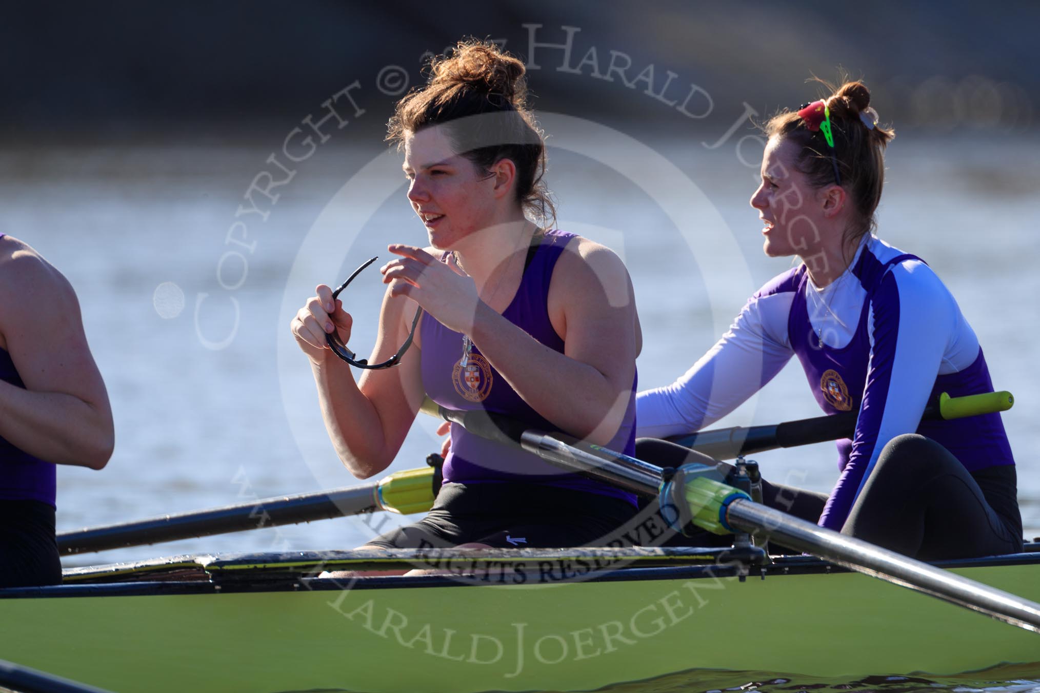 The Women's Boat Race season 2018 - fixture CUWBC vs. ULBC: ULBC 3 Fionnuala Gannon and 2 Robyn Hart-Winks resting after the first part of the race.
River Thames between Putney Bridge and Mortlake,
London SW15,

United Kingdom,
on 17 February 2018 at 13:20, image #97