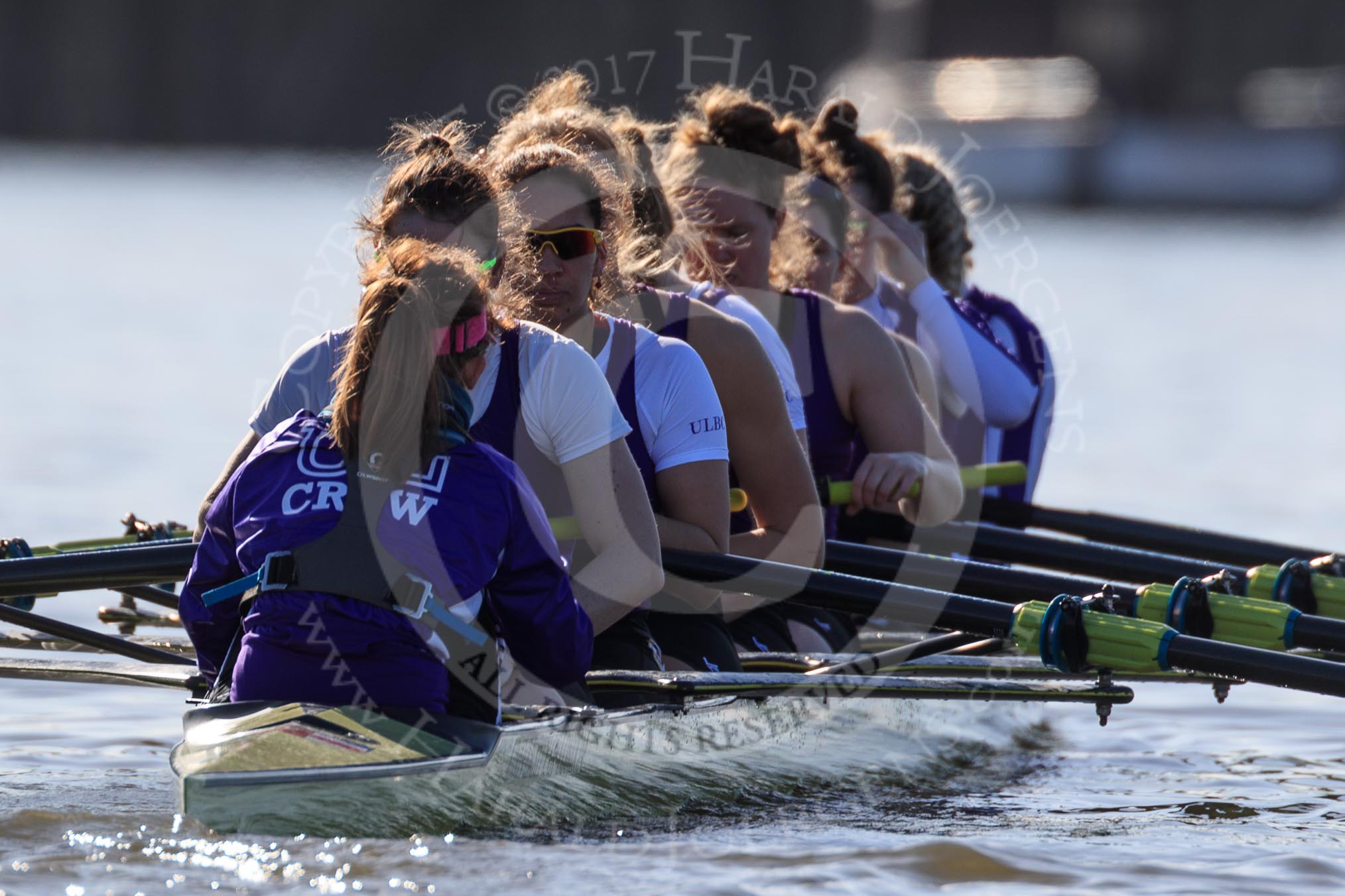 The Women's Boat Race season 2018 - fixture CUWBC vs. ULBC: The ULBC Eight after finishing the first part of the race at Hammersmith Bridge - cox Lauren Holland, stroke Issy Powel, 7 Jordan Cole-Huissan, 6 Oonagh Cousins, 5 Hannah Roberts, 4 Katherine Barnhill, 3 Fionnuala Gannon, 2 Robyn Hart-Winks, bow Ally French.
River Thames between Putney Bridge and Mortlake,
London SW15,

United Kingdom,
on 17 February 2018 at 13:26, image #101