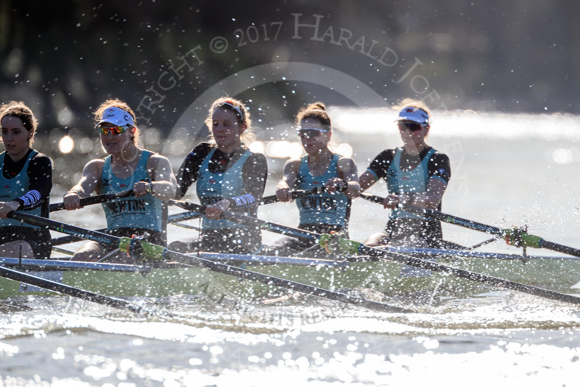 The Women's Boat Race season 2018 - fixture CUWBC vs. ULBC: The start to the second part of the race, here the CUWBC Eight with 5 Thea Zabell, 4 Paula Wesselmann, 3 Alice White, 2 Myriam Goudet-Boukhatmi, bow Olivia Coffey.
River Thames between Putney Bridge and Mortlake,
London SW15,

United Kingdom,
on 17 February 2018 at 13:27, image #104