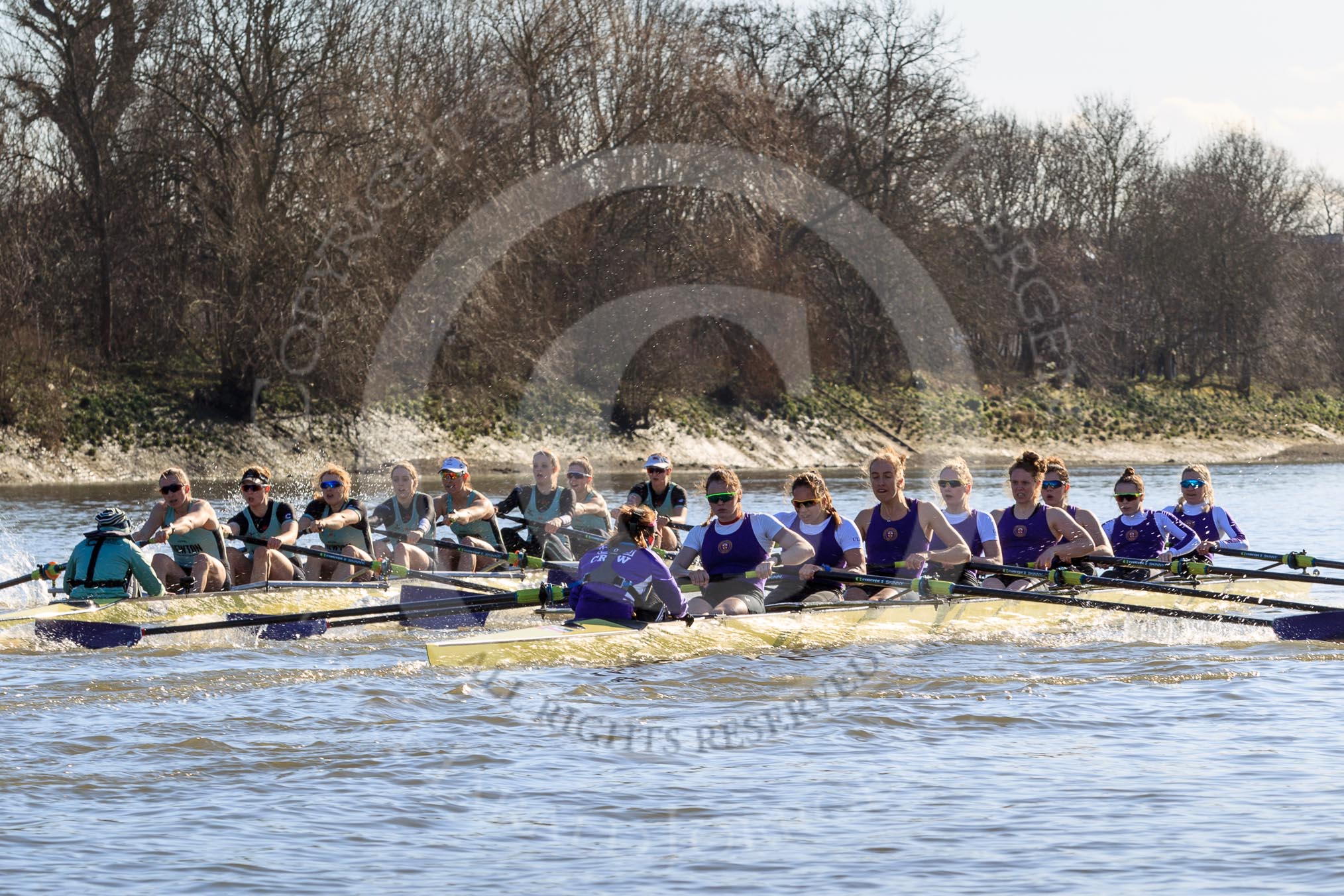 The Women's Boat Race season 2018 - fixture CUWBC vs. ULBC: OUWBC and ULBC during the early phase of the second race.
River Thames between Putney Bridge and Mortlake,
London SW15,

United Kingdom,
on 17 February 2018 at 13:28, image #122