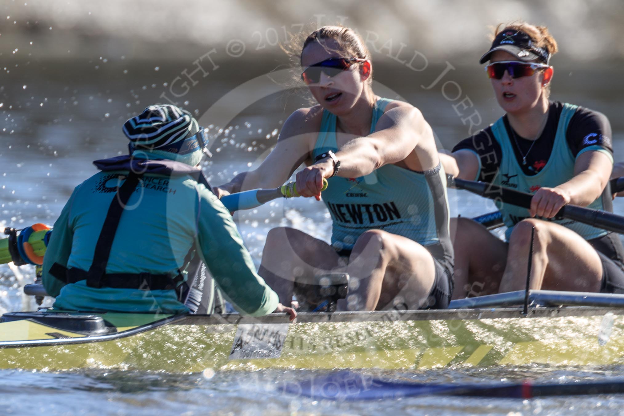 The Women's Boat Race season 2018 - fixture CUWBC vs. ULBC: The CUWBC Eight, here cox Sophie Shapter, stroke Tricia Smith, 7 Imogen Grant.
River Thames between Putney Bridge and Mortlake,
London SW15,

United Kingdom,
on 17 February 2018 at 13:29, image #124